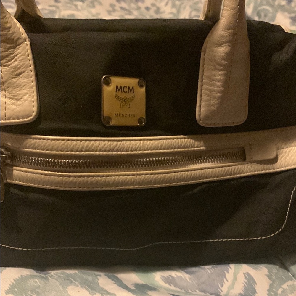 MCM Black and Cream Satchel with Structured Design